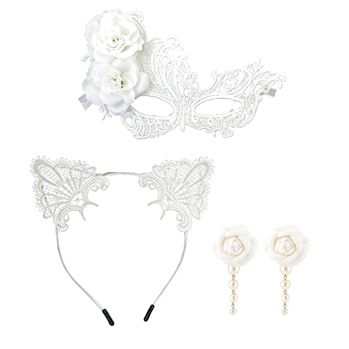 coadipress Lace Masquerade Mask Cat Ear Headband Flower Earrings for Women