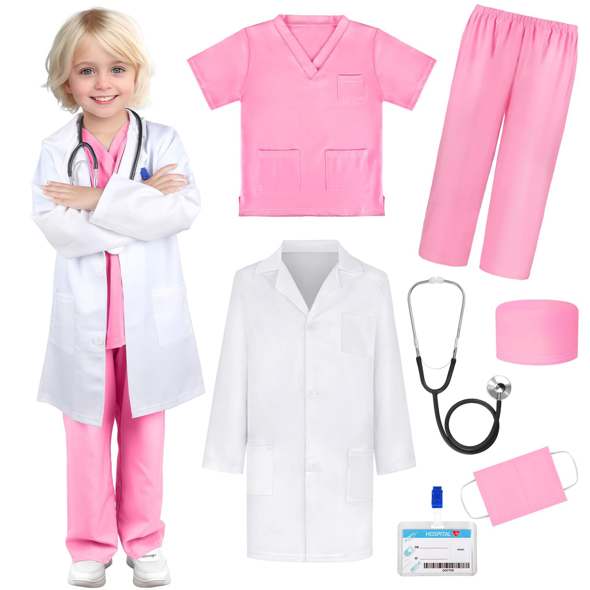 GIFTINBOX Doctor Costume for Kids Doctor Lab Coat for Kids Real Stethoscope, Girls Halloween Costumes for Kids age 3-11