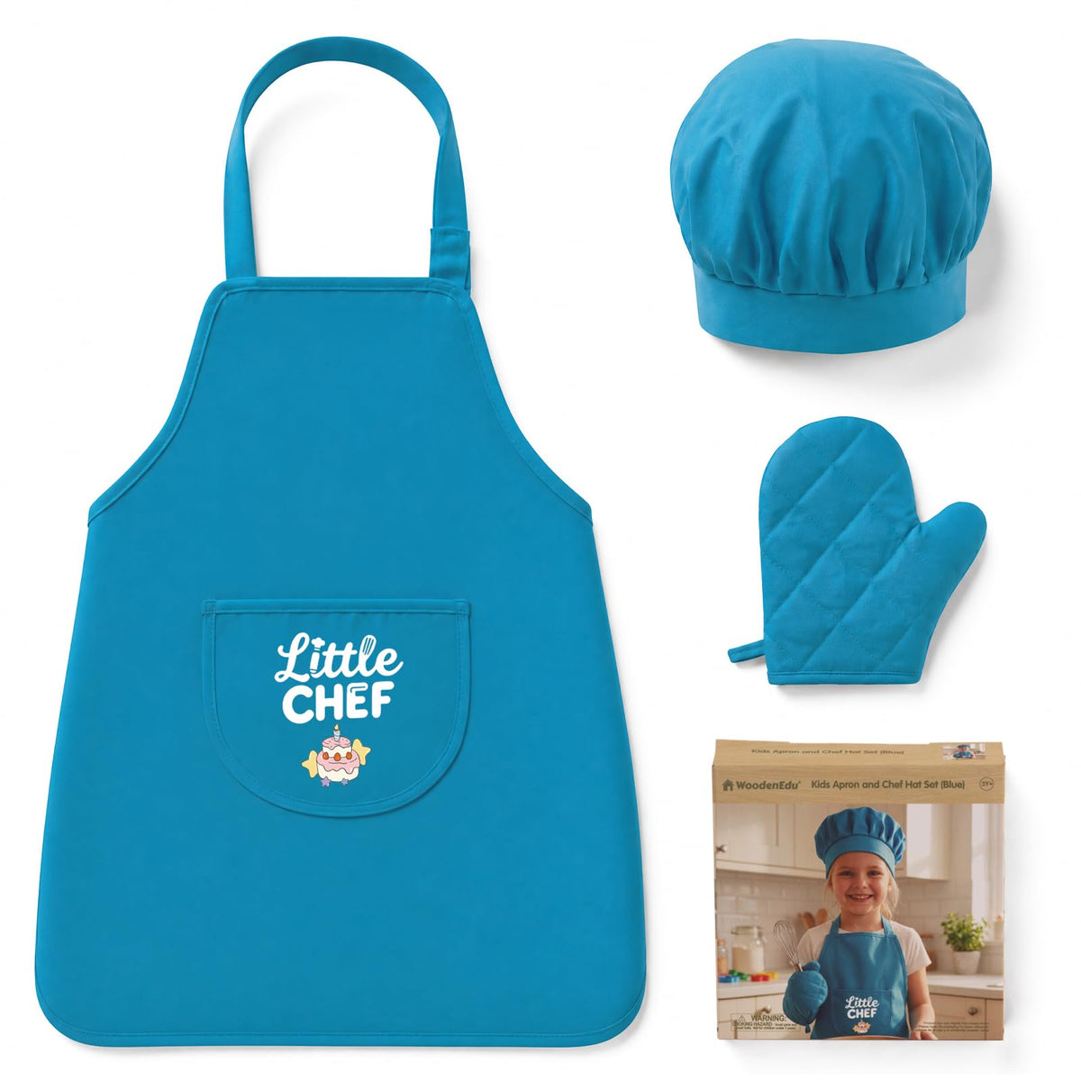 Kid Apron and Chef Hat Set, 3Pcs Children Cooking Baking Set Kits