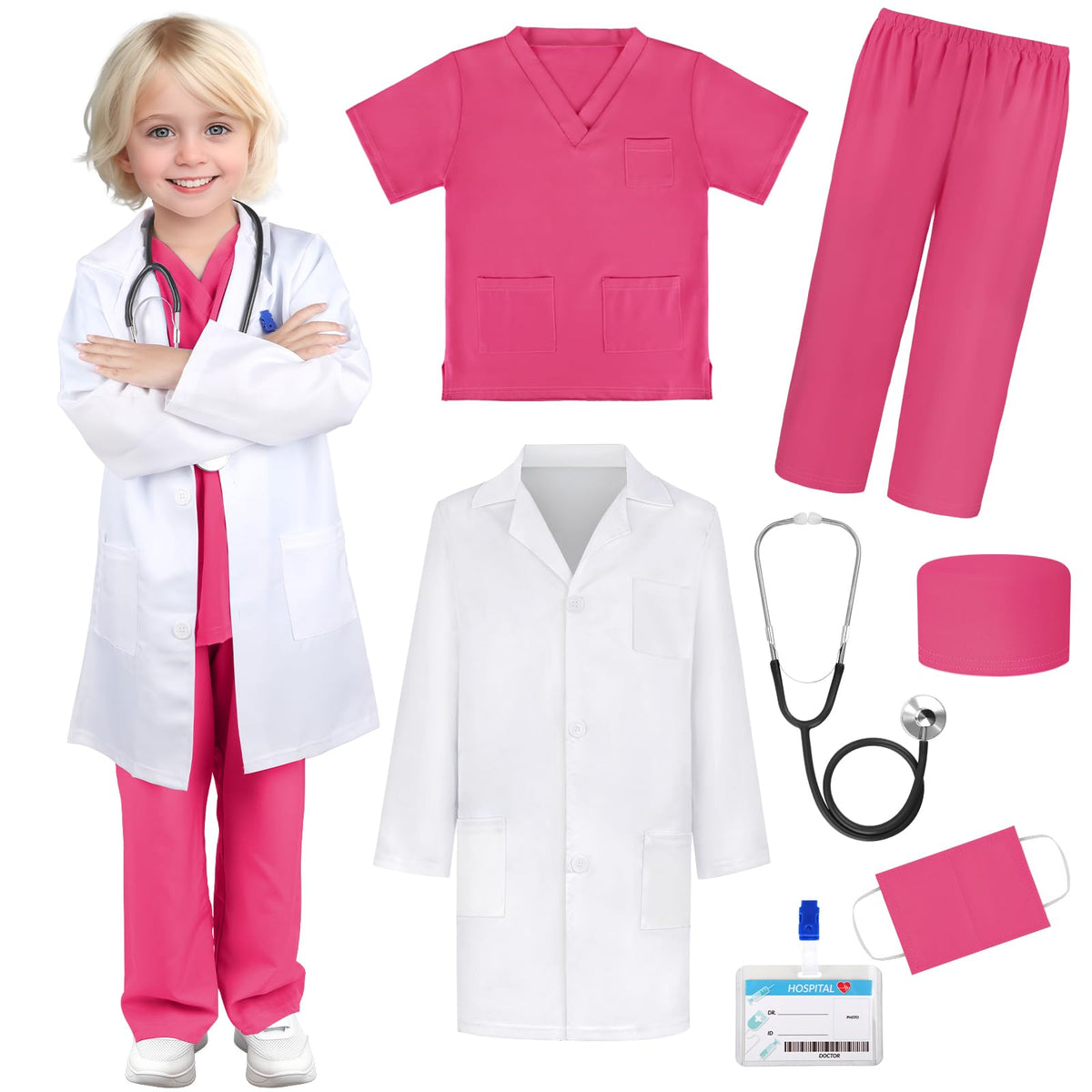 GIFTINBOX Doctor Costume for Kids Doctor Lab Coat for Kids Real Stethoscope, Girls Halloween Costumes for Kids age 3-11