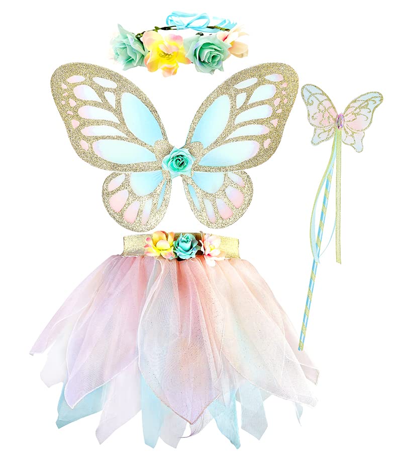DJDLPARTY Girls Fairy Costume Set with Butterfly Wings Tutu Wand and Halo Headban