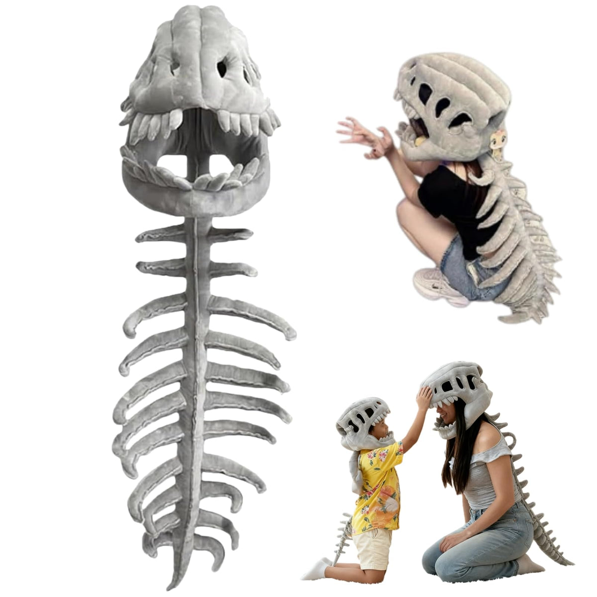 Dinosaur Skeleton Costume, 3D Spinosaurus Skull Mask with Plush Spine Tail for Halloween Cosplay and Party Dress Up
