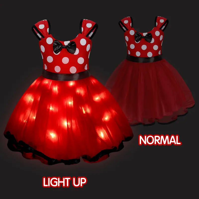 UPORPOR Girls' Holiday Princess Costume - Light-Up Polka Dot Tulle Tutu Dress with Bow, Halloween/Christmas Hand Wash Only Outfit for 3-4Y/5-6Y Polyester Special Moments Wear, 3 - 4 Years