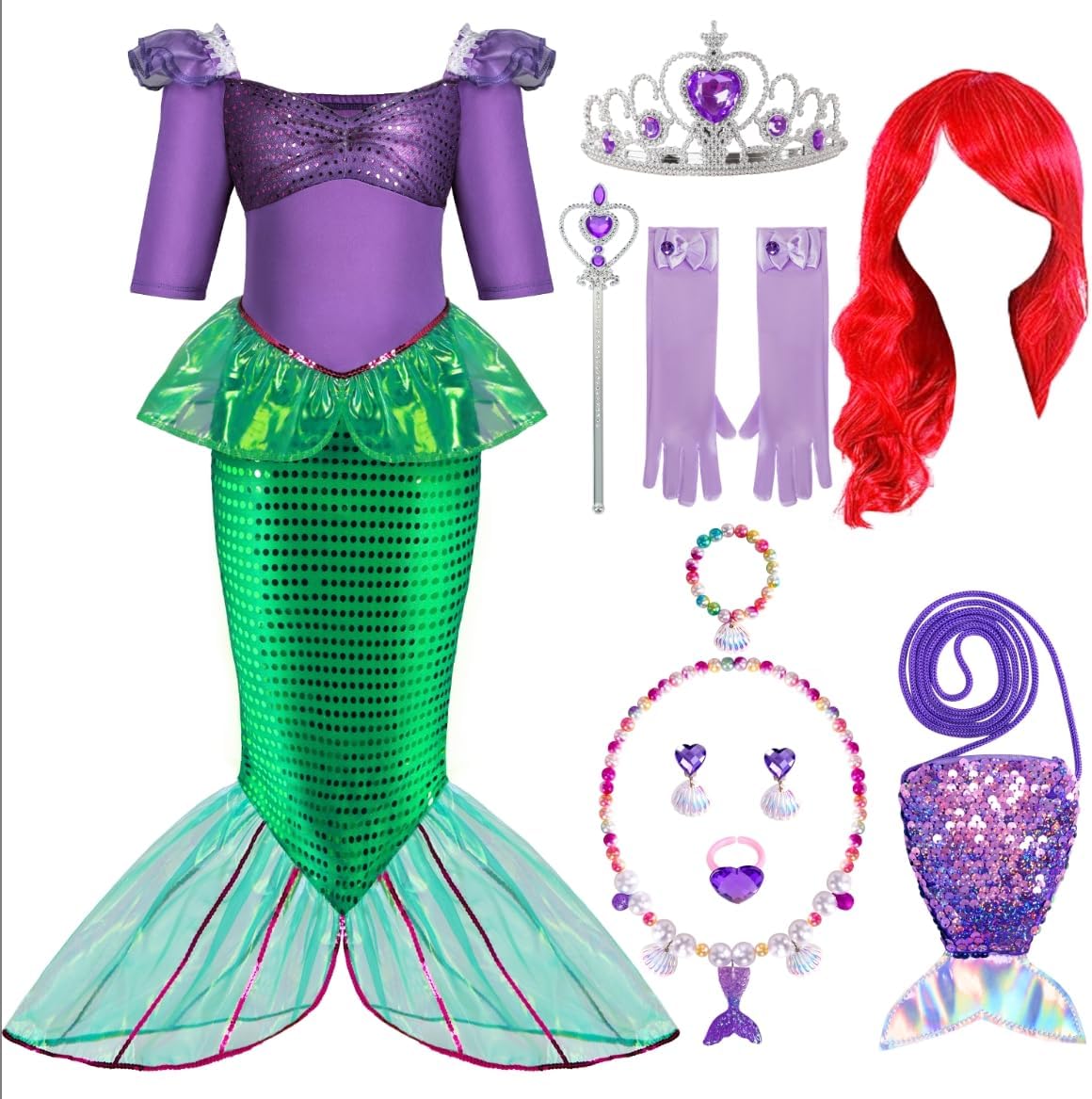 Spooktacular Creations Halloween Little Mermaid Costume for Girls, Sequin Mermaid Dress Set, Dark Purple Princess Dress for Toddler Dress-Up, Cosplay Party (Medium, 8-10 yrs)