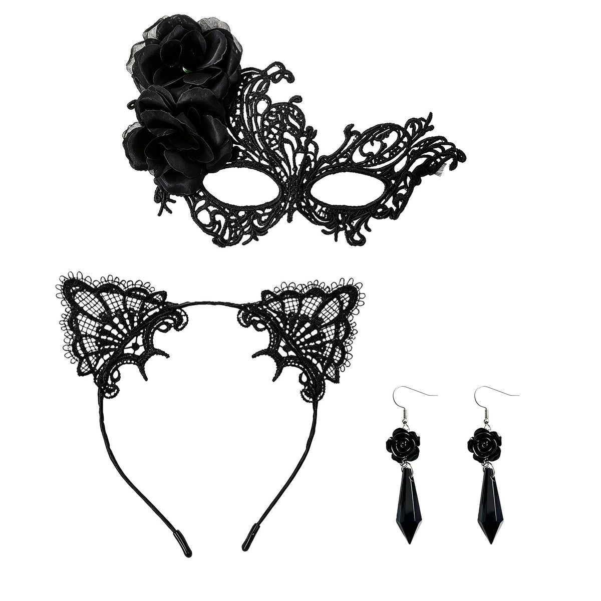 coadipress Lace Masquerade Mask Cat Ear Headband Flower Earrings for Women