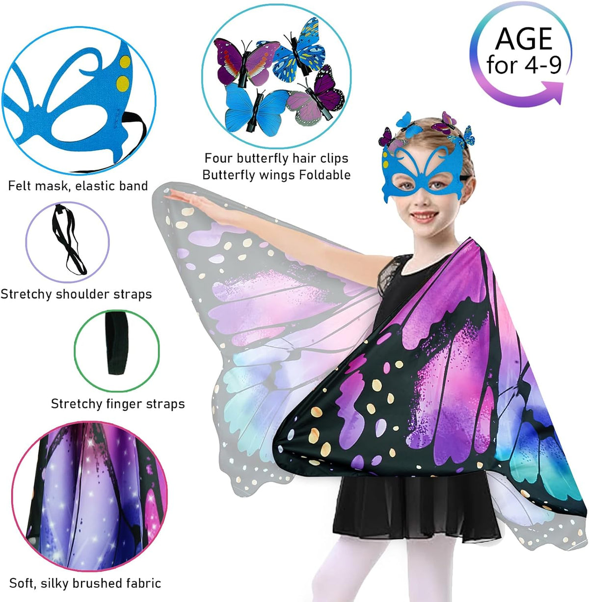 Sunlisky Kids Butterfly Costume for Girls Butterfly Wings Cape Set with Mask Hair Clips Halloween Cosplay Dress Up 4 to 9