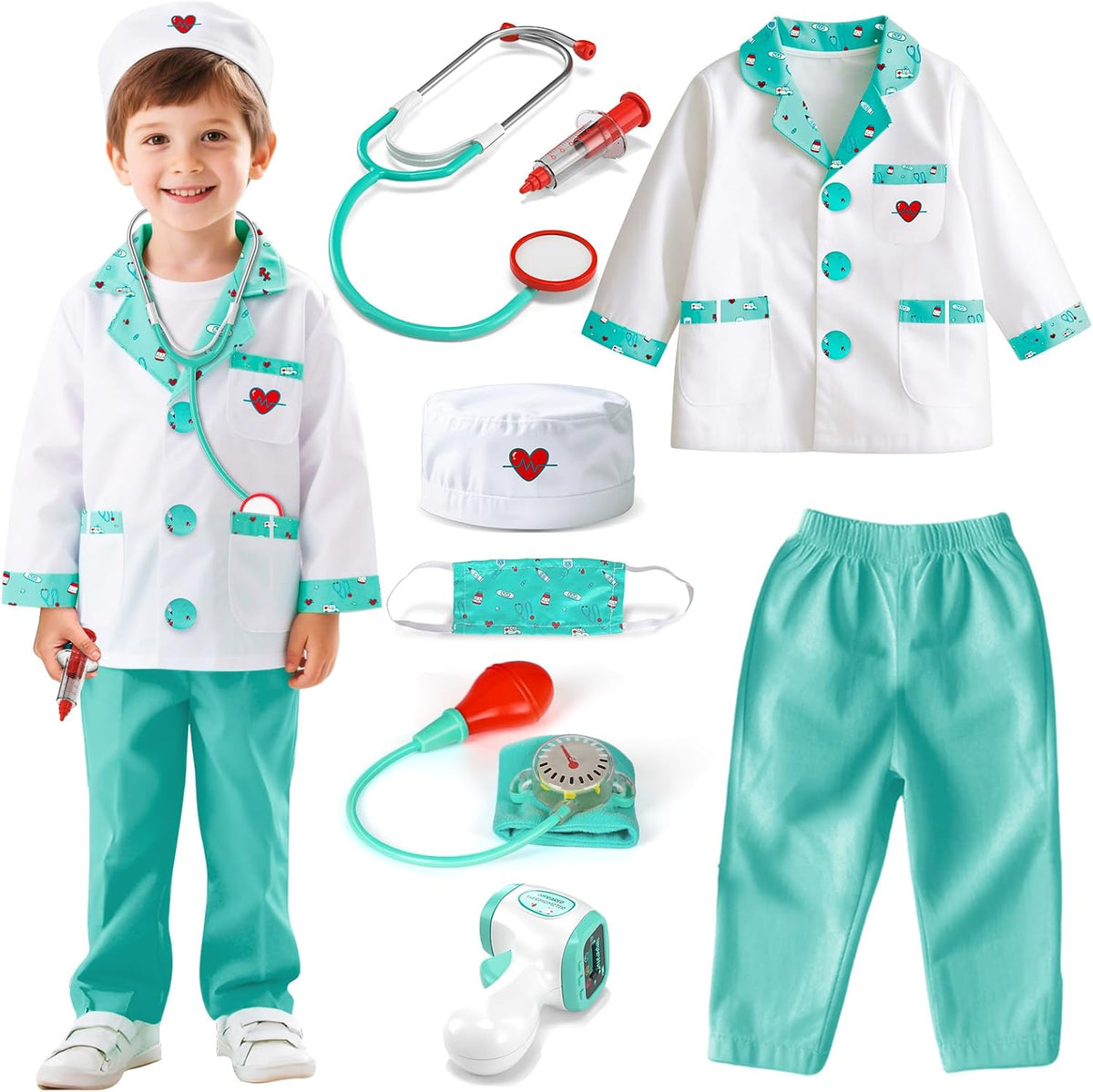 Lehoo Castle Doctor Costume for Kids, Doctor Dress Up and Play Set 8 PCS with Stethoscope, Role Play Costume for Toddlers 4-6