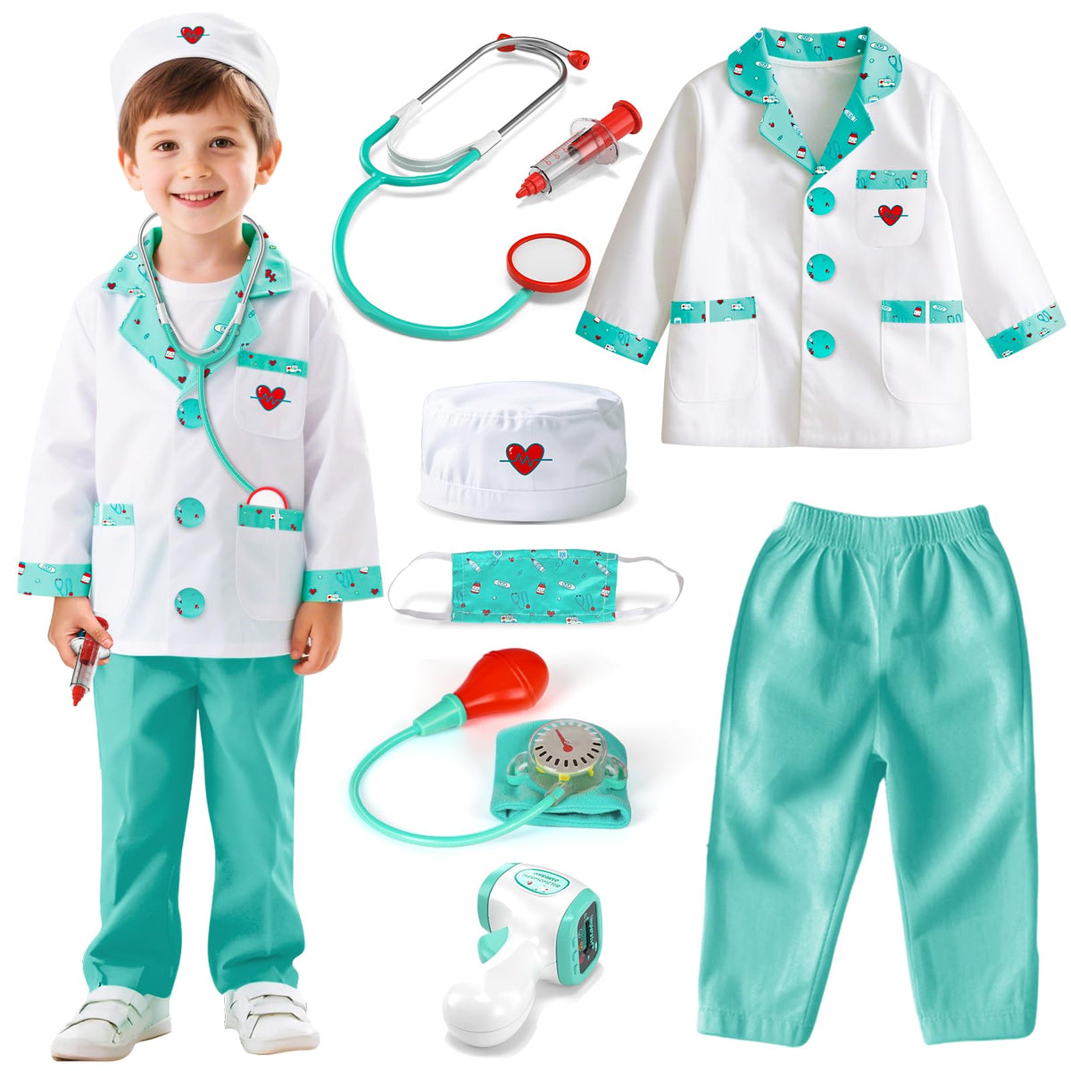 Lehoo Castle Doctor Costume for Kids, Doctor Dress Up and Play Set 8 PCS with Stethoscope, Role Play Costume for Toddlers 4-6