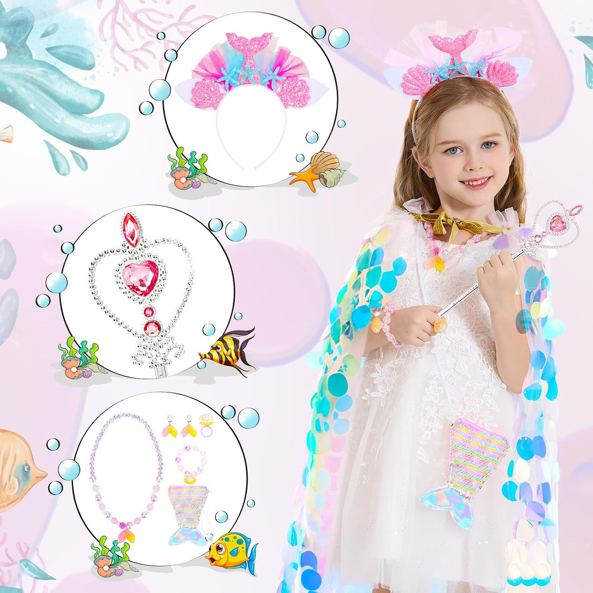 LIMIROLER Princess Dress Up Clothes Mermaid Cape Gift Set for Girls Age 3-8