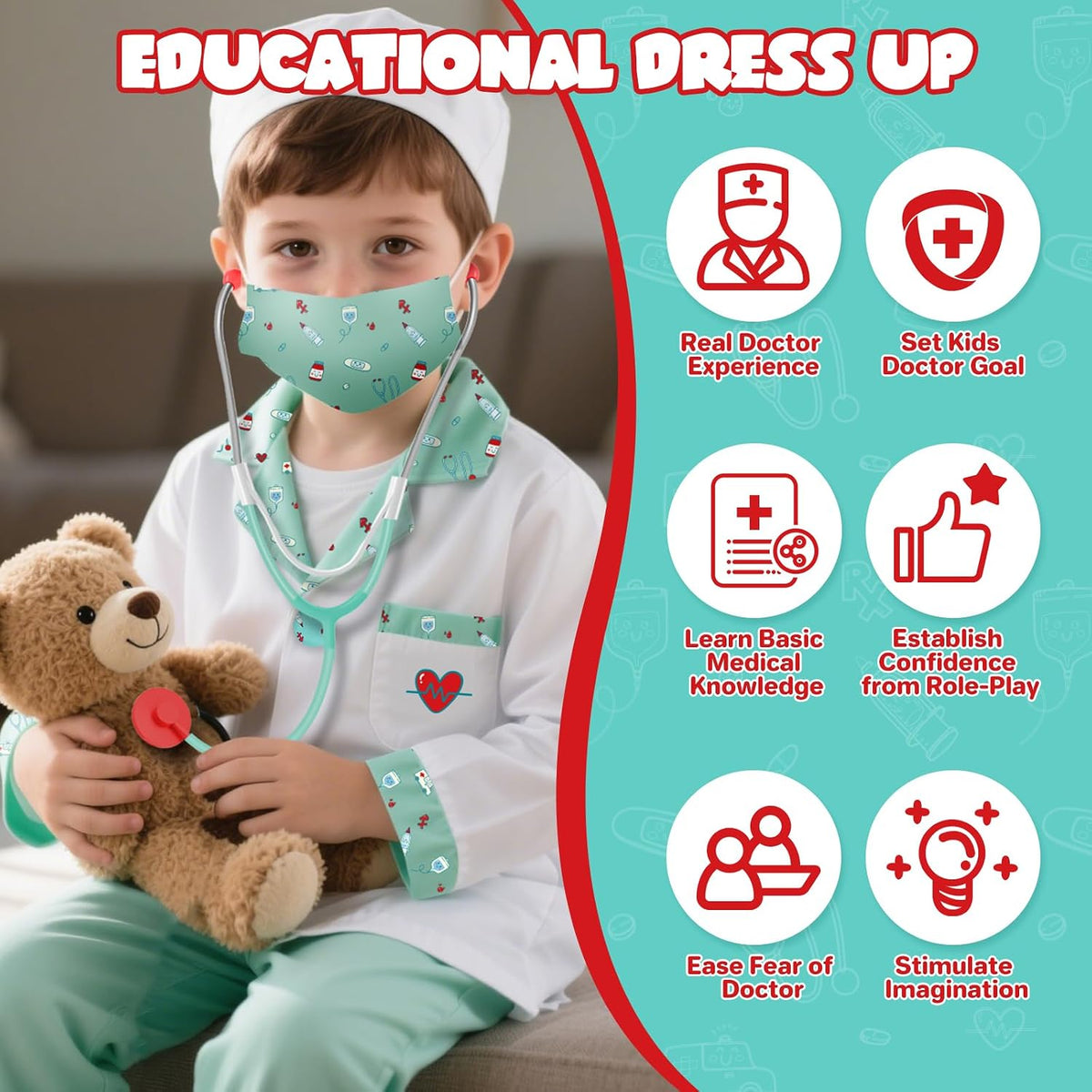 Lehoo Castle Doctor Costume for Kids, Doctor Dress Up and Play Set 8 PCS with Stethoscope, Role Play Costume for Toddlers 4-6