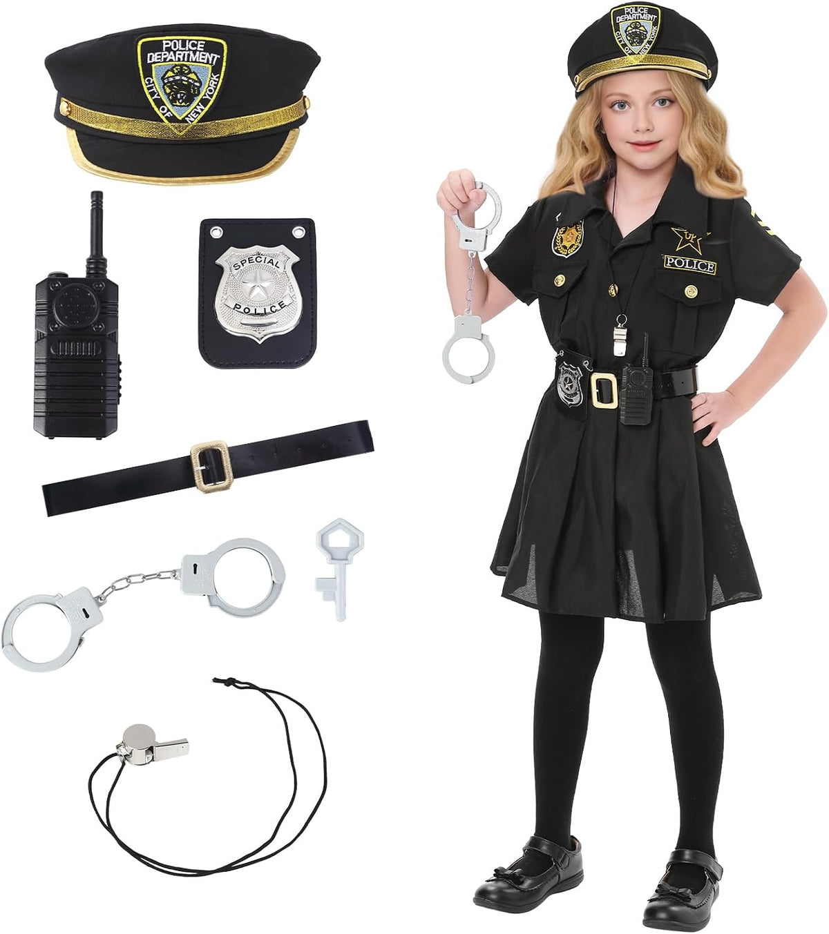Lumiparty Police Officer Costume for Kid,Girls Police Costume,Halloween Cop Costume Outfit Set for Roleplay Dress Up