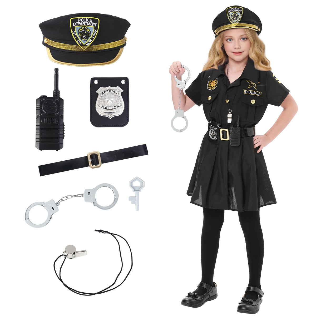Lumiparty Police Officer Costume for Kid,Girls Police Costume,Halloween Cop Costume Outfit Set for Roleplay Dress Up