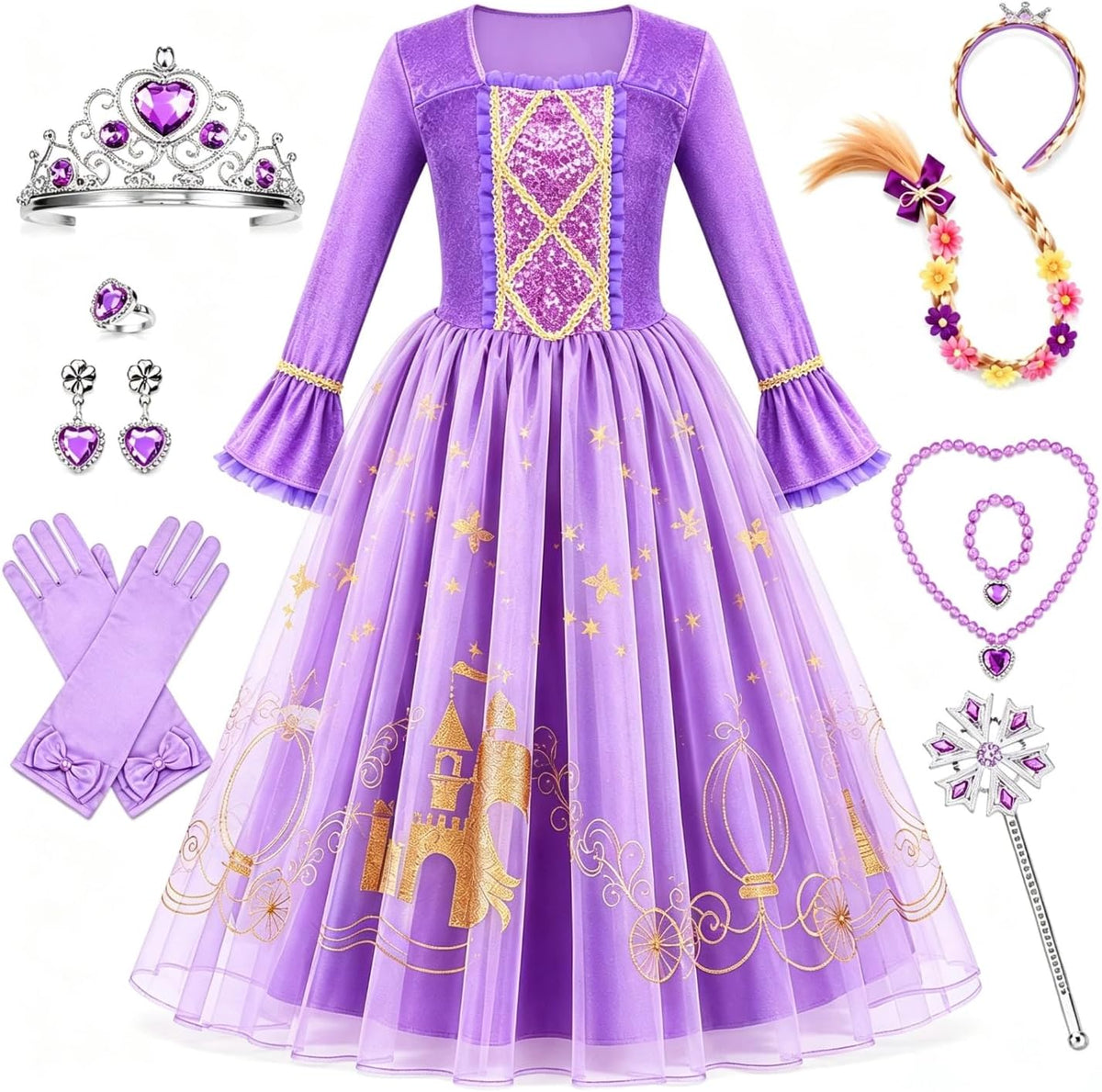 Meland Princess Dress Up Clothes for Girls 3-10, Purple Pretend Play Costume with Jewelry for Birthday Halloween Party Outfit