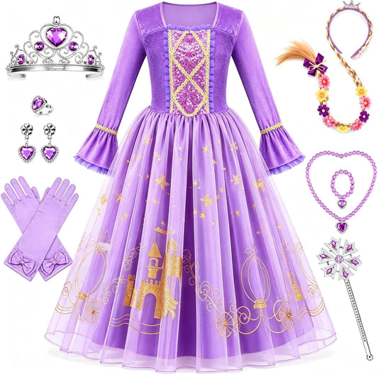 Meland Princess Dress Up Clothes for Girls 3-10, Purple Pretend Play Costume with Jewelry for Birthday Halloween Party Outfit