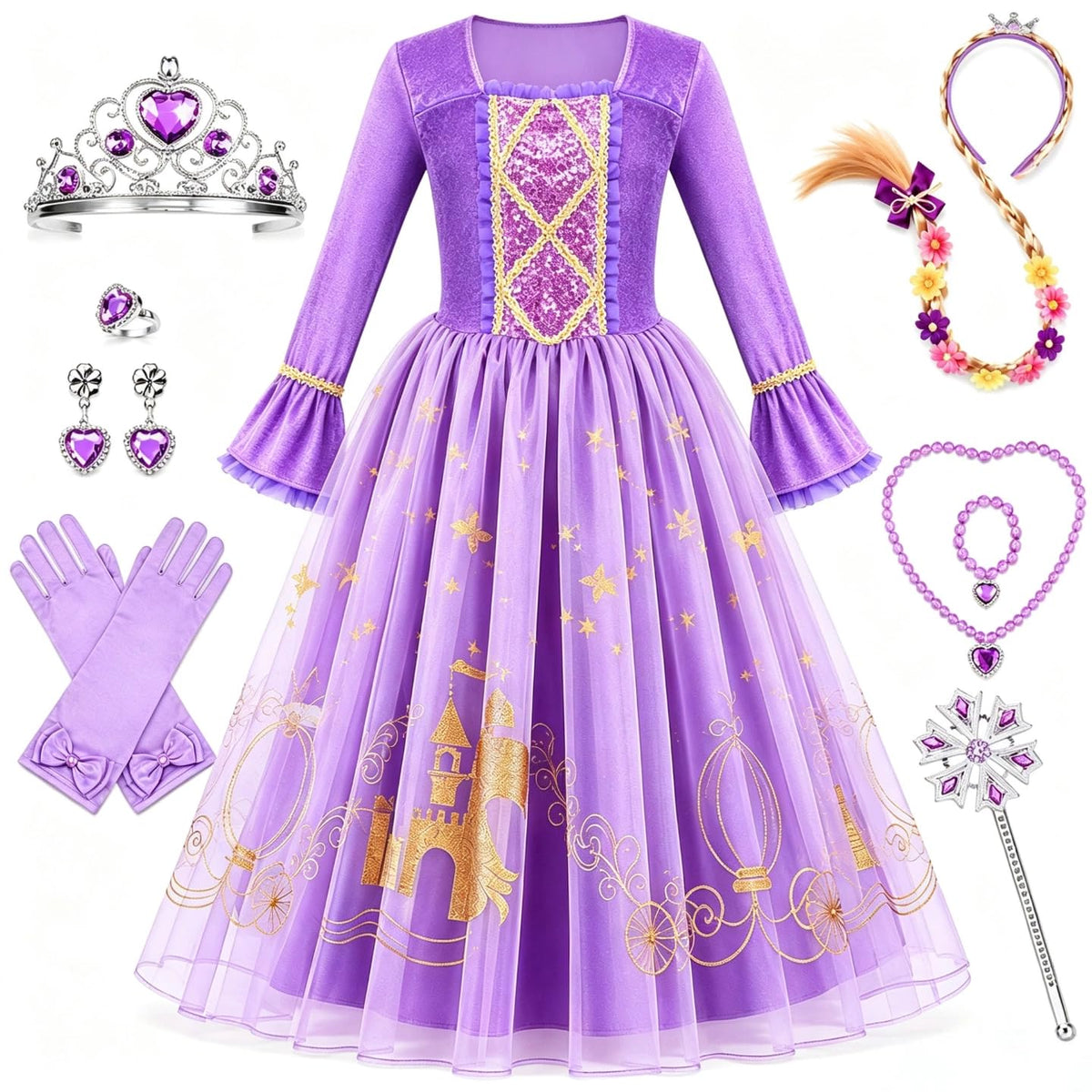 Meland Princess Dress Up Clothes for Girls 3-10, Purple Pretend Play Costume with Jewelry for Birthday Halloween Party Outfit