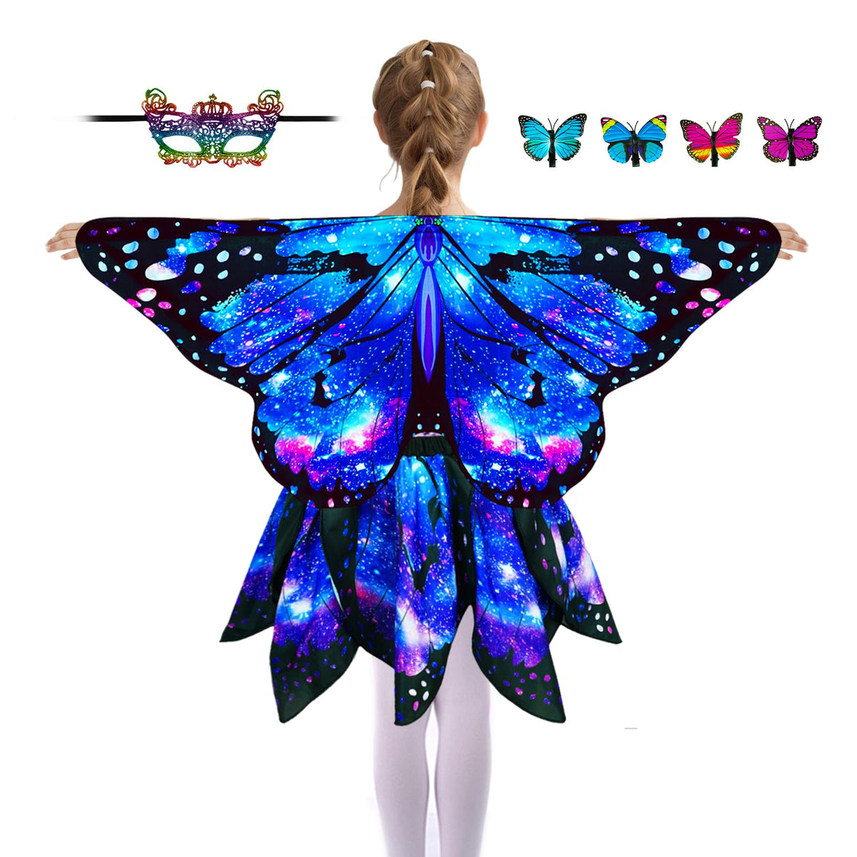Sunlisky Kids Butterfly Costume for Girls Butterfly Wings Cape Set with Mask Hair Clips Halloween Cosplay Dress Up 4 to 9