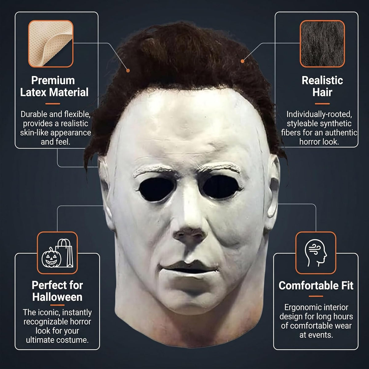 Michael Myers Full Head Latex Mask for Halloween Costume Party, Haunted House Event, Cosplay Dress Up & Masquerade Props