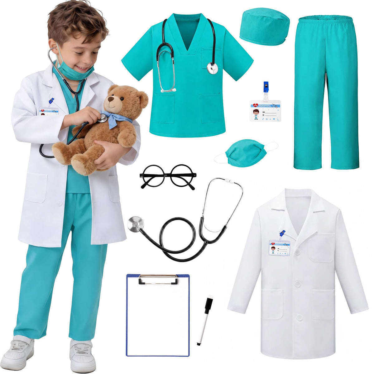 10PCS Doctor Costume for Kids Halloween Costumes for Girls Boys