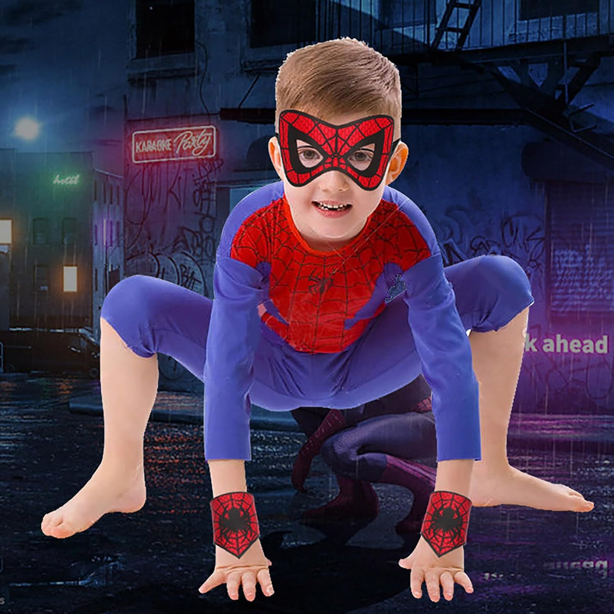 PPER-Jie Spider Mask for Kids Halloween Spider Costume Masks with Wristbands for Boys Party Cosplay, Medium, Red & Black