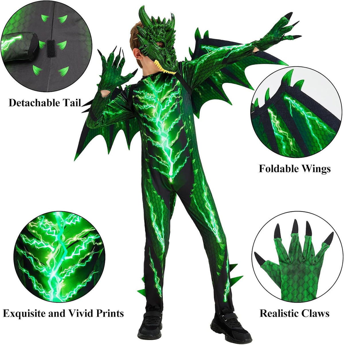Dragon Costume Kids with Lightning Wings Mask Boys for Halloween