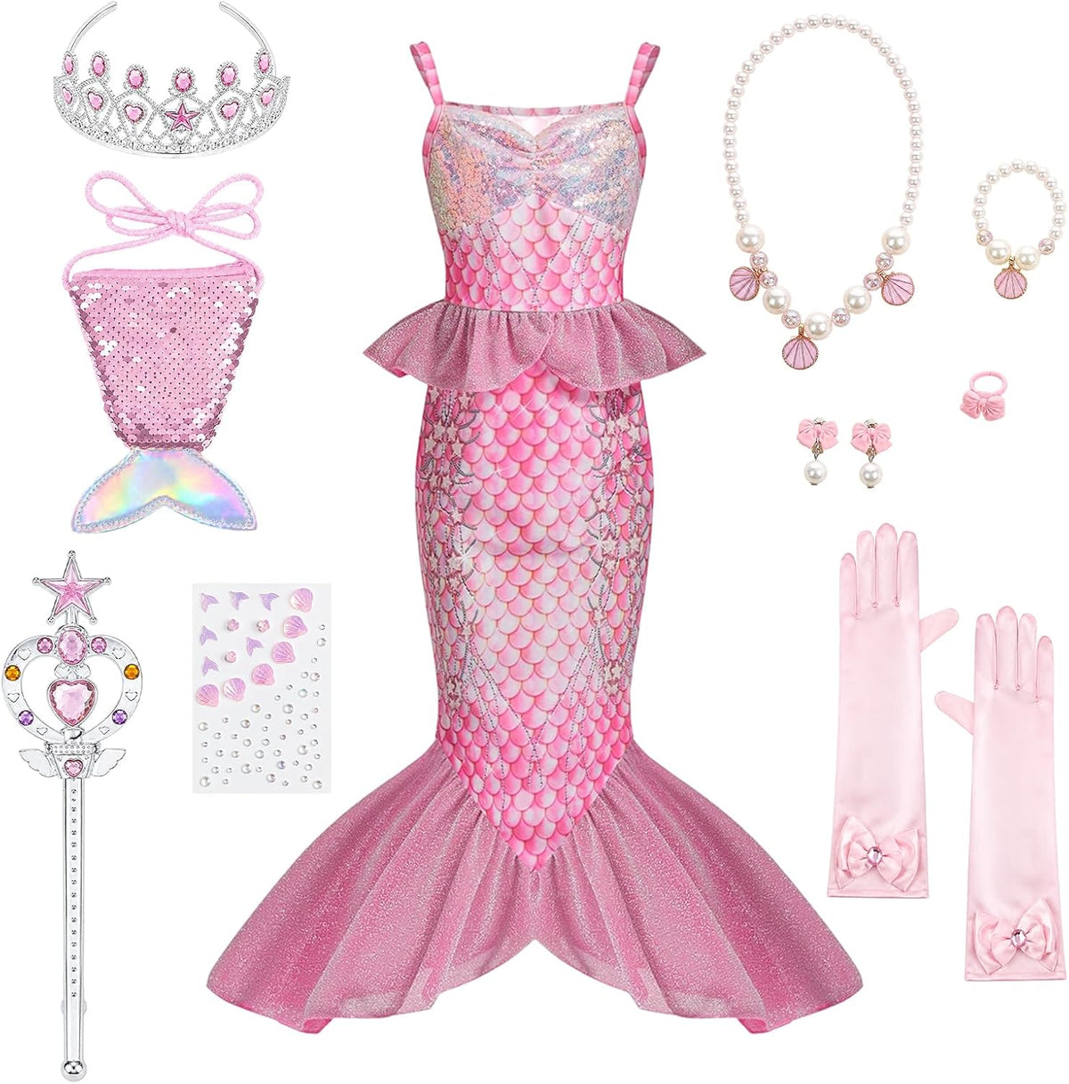 10Pcs Little Mermaid Dress‑Up Costume for Girls, Sparkly Mermaid Tail Dress with Mini Purse Jewelries Face Stickers Crown Wand & Gloves Princess Outfit Birthday & Halloween Cosplay Gift for Kids 3‑12