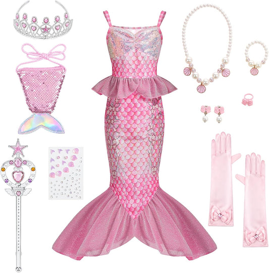 10Pcs Little Mermaid Dress‑Up Costume for Girls, Sparkly Mermaid Tail Dress with Mini Purse Jewelries Face Stickers Crown Wand & Gloves Princess Outfit Birthday & Halloween Cosplay Gift for Kids 3‑12