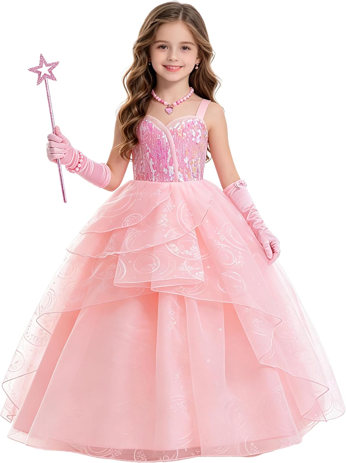 9 Pcs Halloween Pink Witch Costume for Girls Sequins Mesh Princess Dress with Accessories