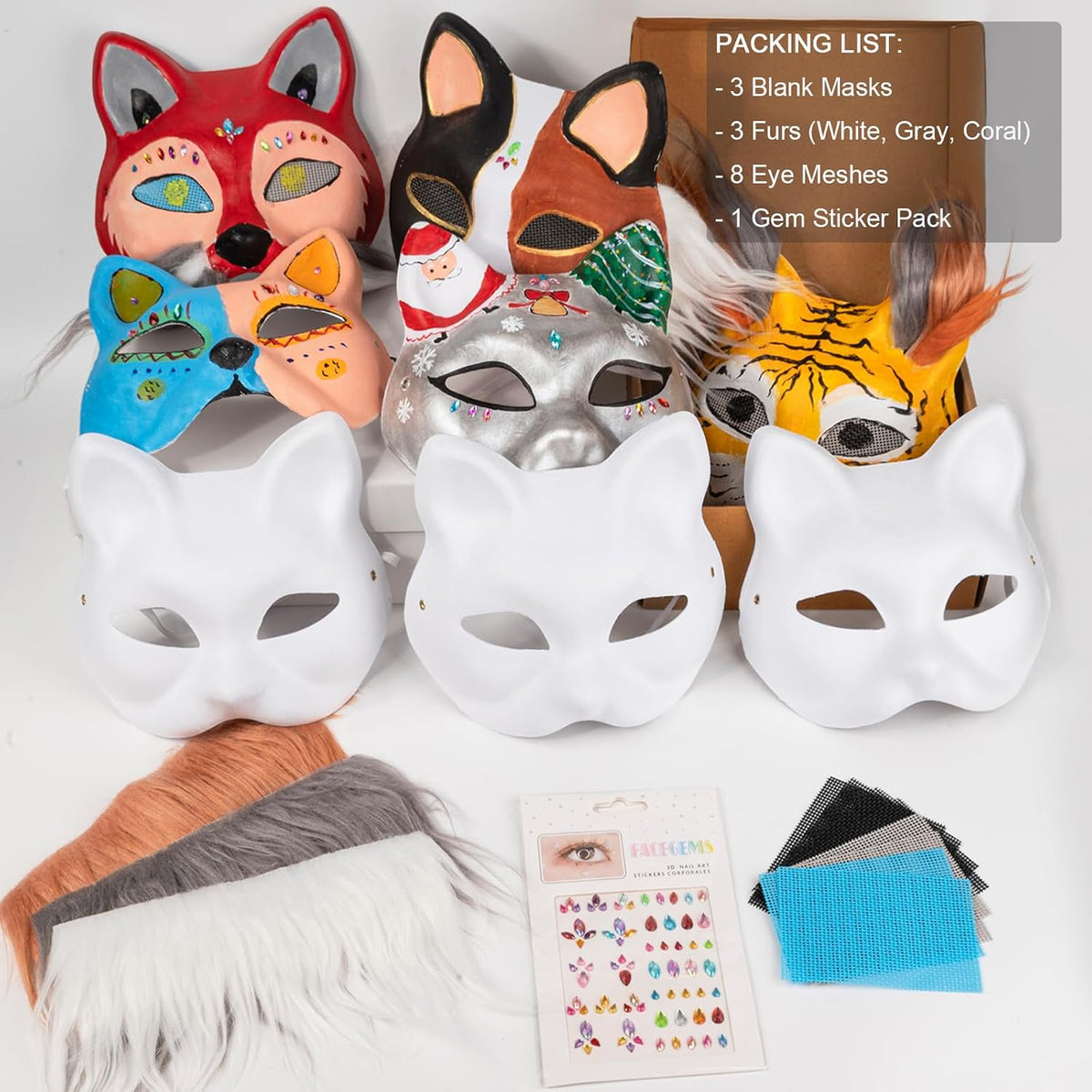 OPPKIE Cat Fox Mask 3PCS with Furs Eye Meshes and Gem Stickers, Therian Dress Up Masks to Paint, Animal Mask Arts Crafts Kit, Costume Masks for Halloween Masquerade Cosplay Party Interaction