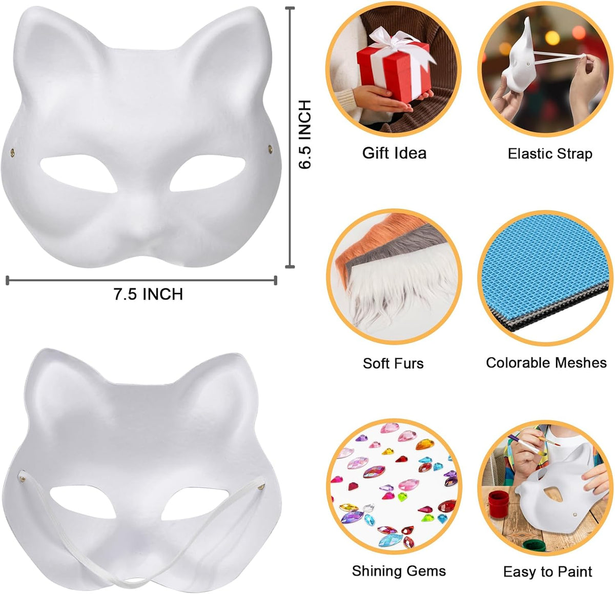 OPPKIE Cat Fox Mask 3PCS with Furs Eye Meshes and Gem Stickers, Therian Dress Up Masks to Paint, Animal Mask Arts Crafts Kit, Costume Masks for Halloween Masquerade Cosplay Party Interaction