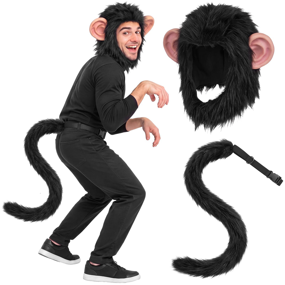 Hercicy 2 Pcs Monkey Cosplay Creepy Head Mask Face Monkey Tail