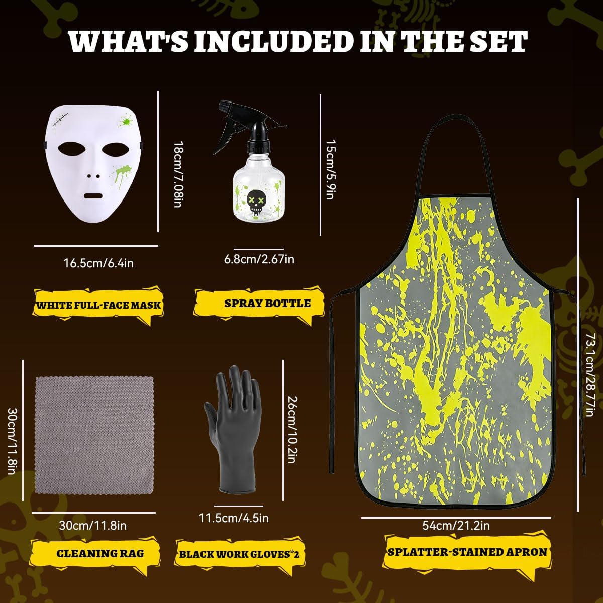 Adult Halloween Horror Cleaner Cosplay Costume Kit, Scary White Full‑Face Mask with Splatter Print Apron, Gloves, Prop Spray Bottle and Cleaning Rag, Themed Party Dress‑up Accessories Set for Men