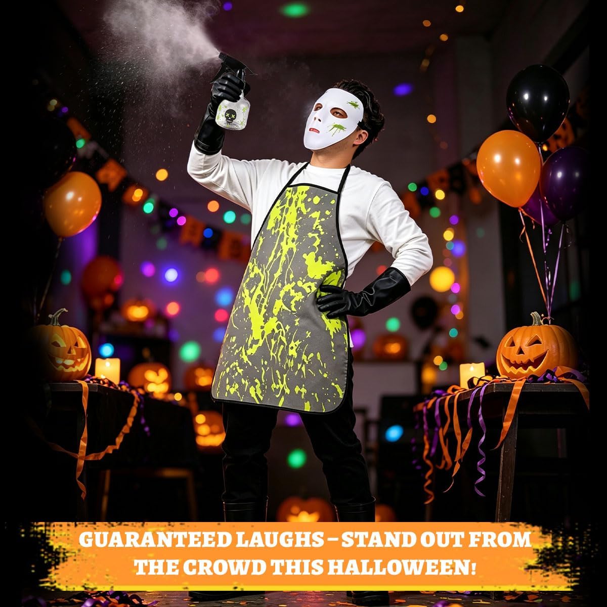 Adult Halloween Horror Cleaner Cosplay Costume Kit, Scary White Full‑Face Mask with Splatter Print Apron, Gloves, Prop Spray Bottle and Cleaning Rag, Themed Party Dress‑up Accessories Set for Men