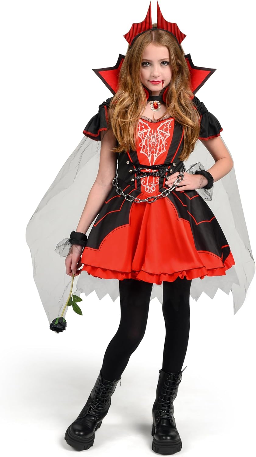Spooktacular Creations Halloween Girls Vampire Costume, Red Dark Vampire Dress Costume for Girls Halloween Dress up