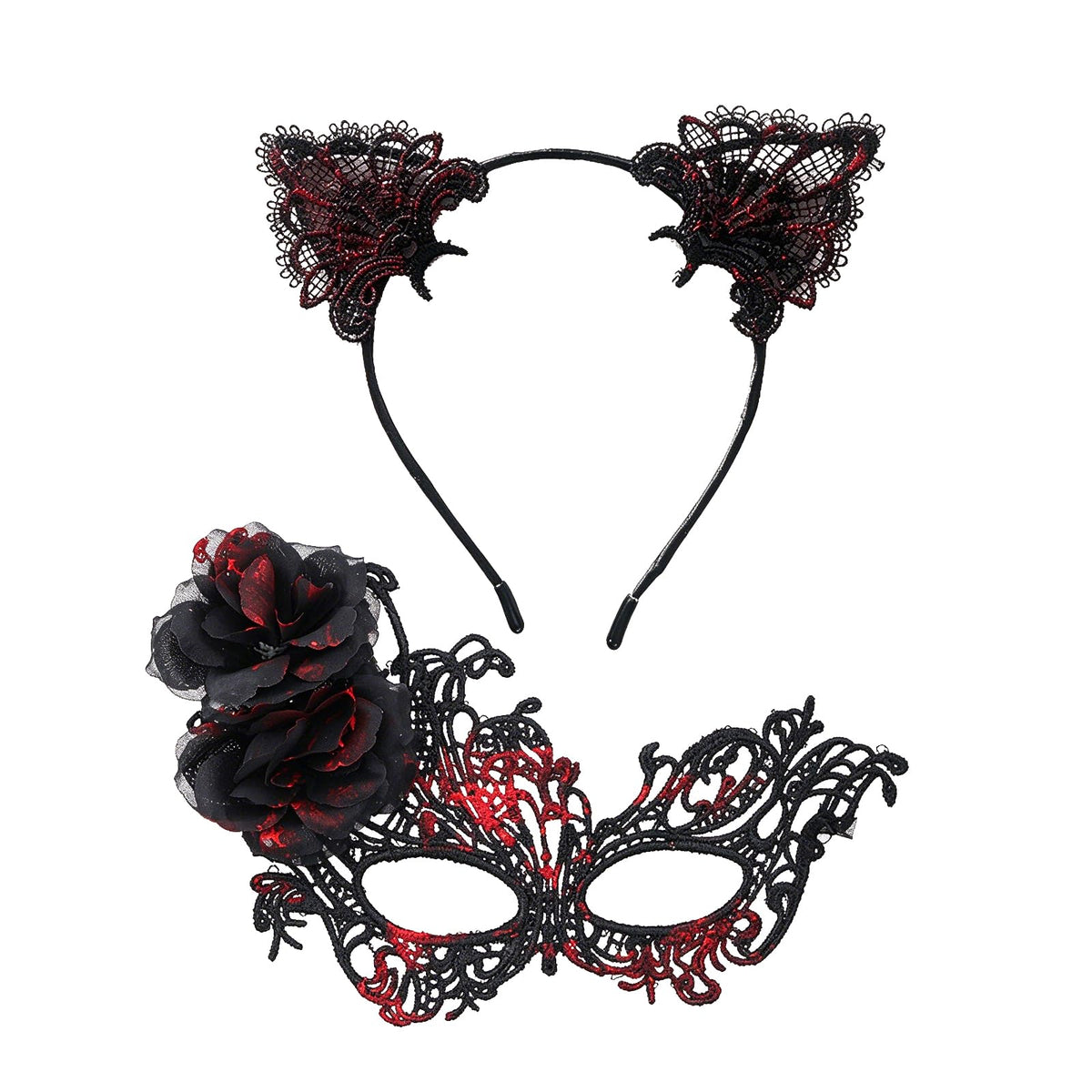 coadipress Lace Masquerade Mask Cat Ear Headband Flower Earrings for Women
