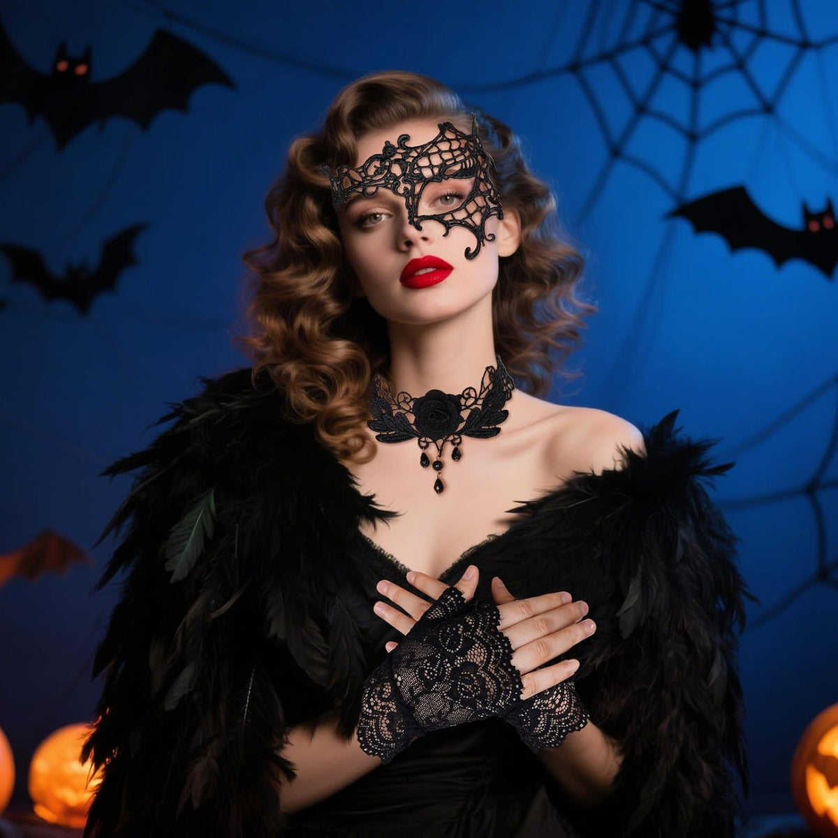Topbuti Halloween Masquerade Costumes Set Black Lace Gloves Lace Mask Eyemask Choker Necklace for Halloween Dress Up Party