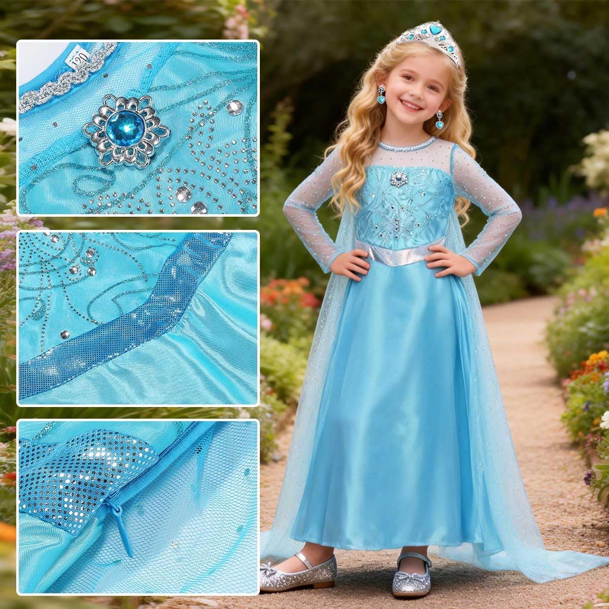 Princess Dress for Girls Kids Blue Costume with Cape