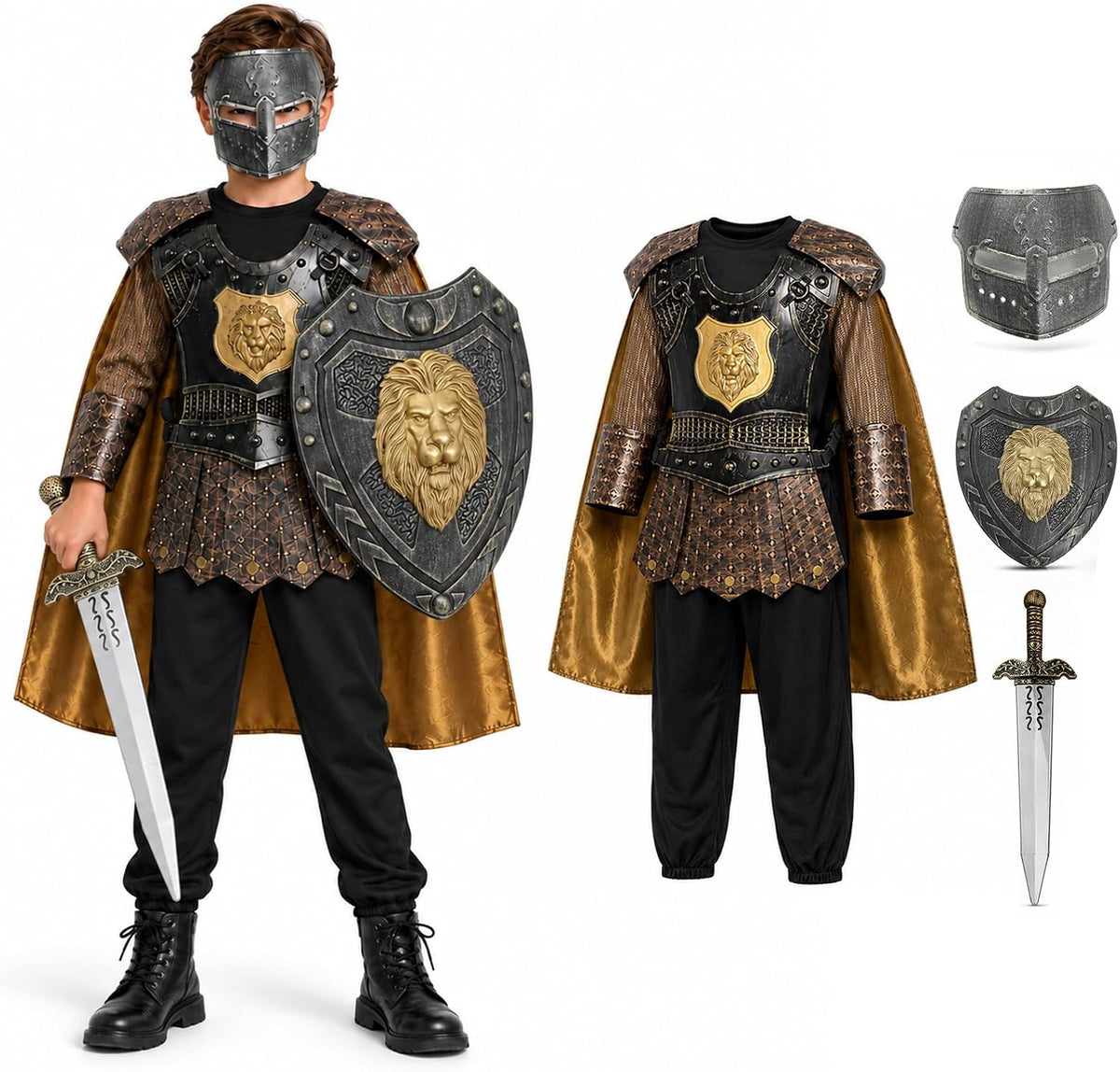 Kids Boys Knight Costume Cosplay, Gladiator Medieval Outfits with Roman Soldier Mask shield, Halloween Party Dress Up