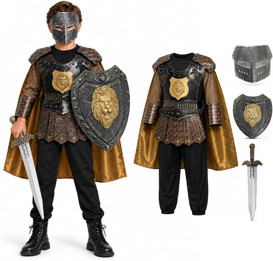 Kids Boys Knight Costume Cosplay, Gladiator Medieval Outfits with Roman Soldier Mask shield, Halloween Party Dress Up