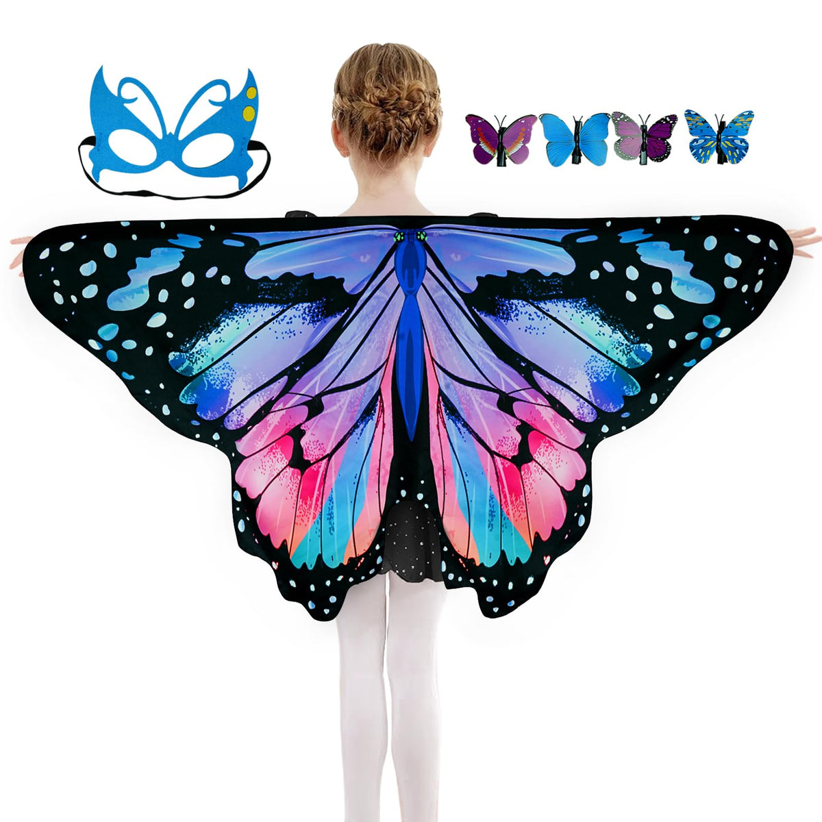 Sunlisky Kids Butterfly Costume for Girls Butterfly Wings Cape Set with Mask Hair Clips Halloween Cosplay Dress Up 4 to 9