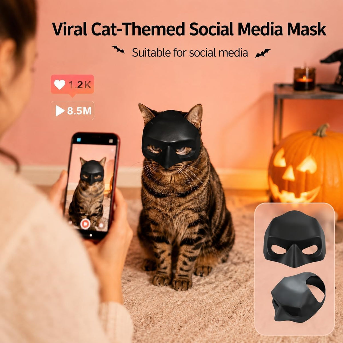 Cat Bat Mask, Funny Cat Helmet & Cat Hat Cosplay Costume, Adjustable Pet Mask for Halloween, Party, Photo Props, Lightweight Comfortable Cat Costume Accessories for Cats & Small Pets（Black