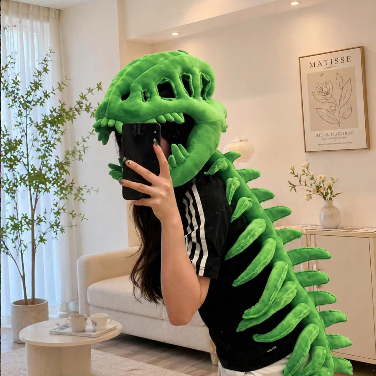 Dinosaur Skeleton Costume, 3D Spinosaurus Skull Mask with Plush Spine Tail for Halloween Cosplay and Party Dress Up
