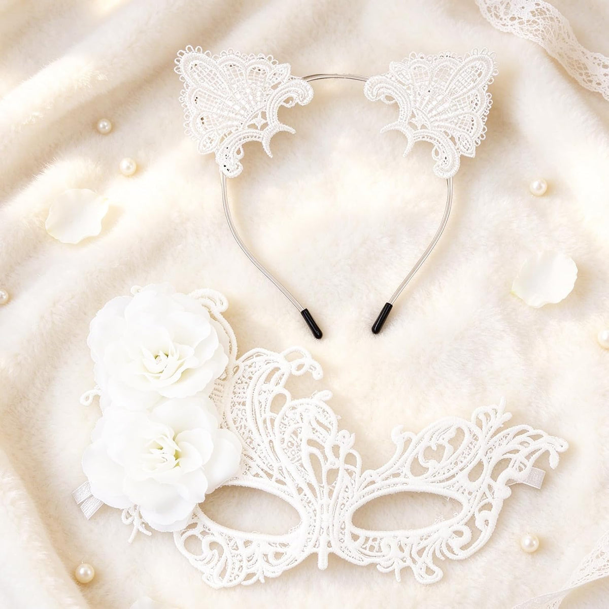 coadipress Lace Masquerade Mask Cat Ear Headband Flower Earrings for Women