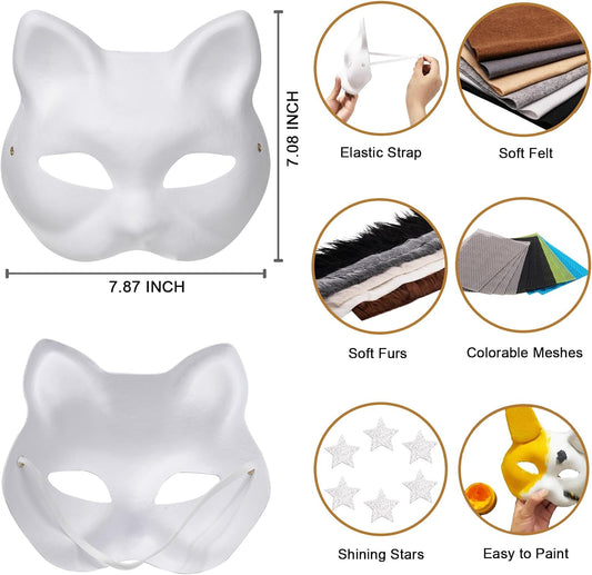 OPPKIE Cat Fox Therian Masks 42PCS with Felt Furs Eye Meshes and Stars, Costume Furry Masks to Paint, Animal Mask Arts Crafts Kit, Dress Up DIY for Halloween Christmas Cosplay Party Interaction