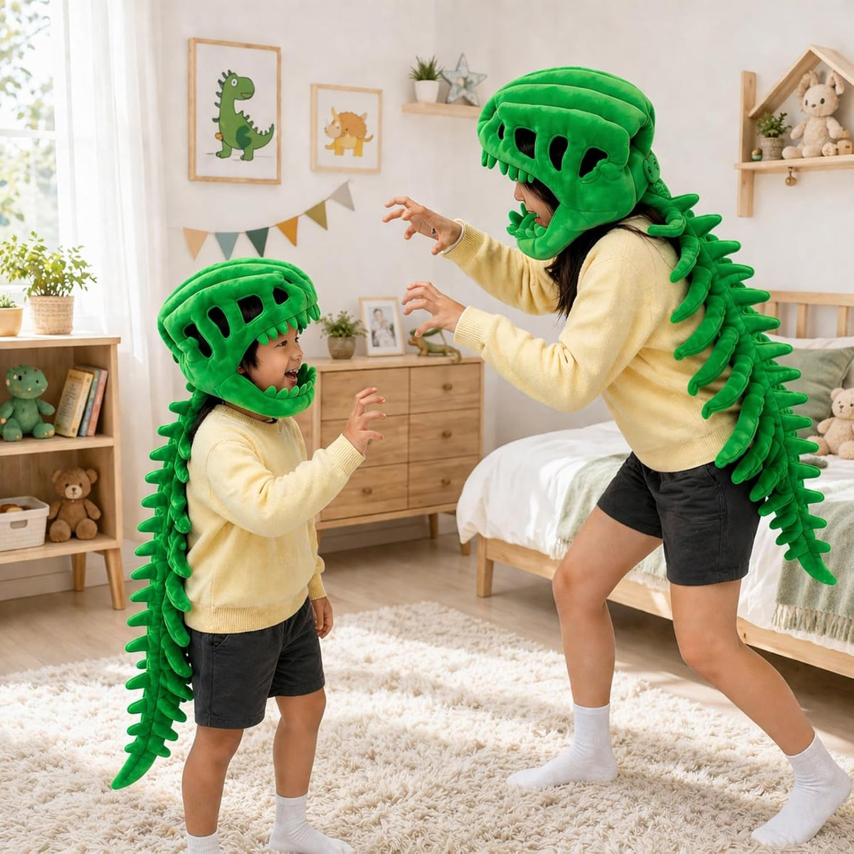 Dinosaur Skeleton Costume, 3D Spinosaurus Skull Mask with Plush Spine Tail for Halloween Cosplay and Party Dress Up