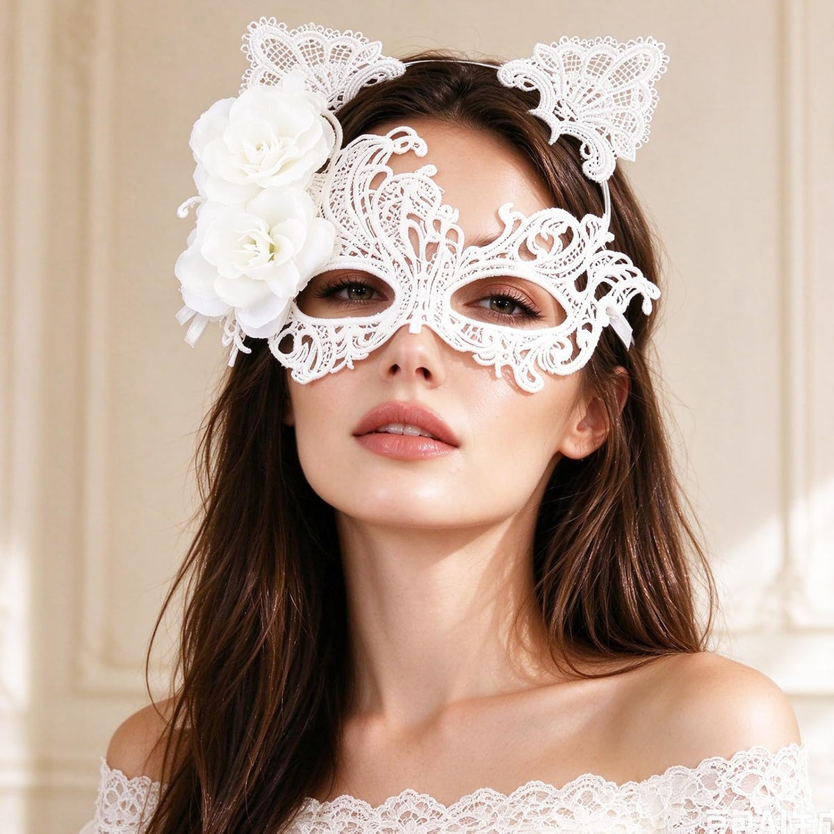 coadipress Lace Masquerade Mask Cat Ear Headband Flower Earrings for Women