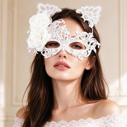 coadipress Lace Masquerade Mask Cat Ear Headband Flower Earrings for Women