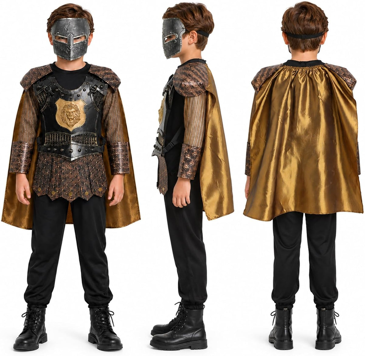Kids Boys Knight Costume Cosplay, Gladiator Medieval Outfits with Roman Soldier Mask shield, Halloween Party Dress Up