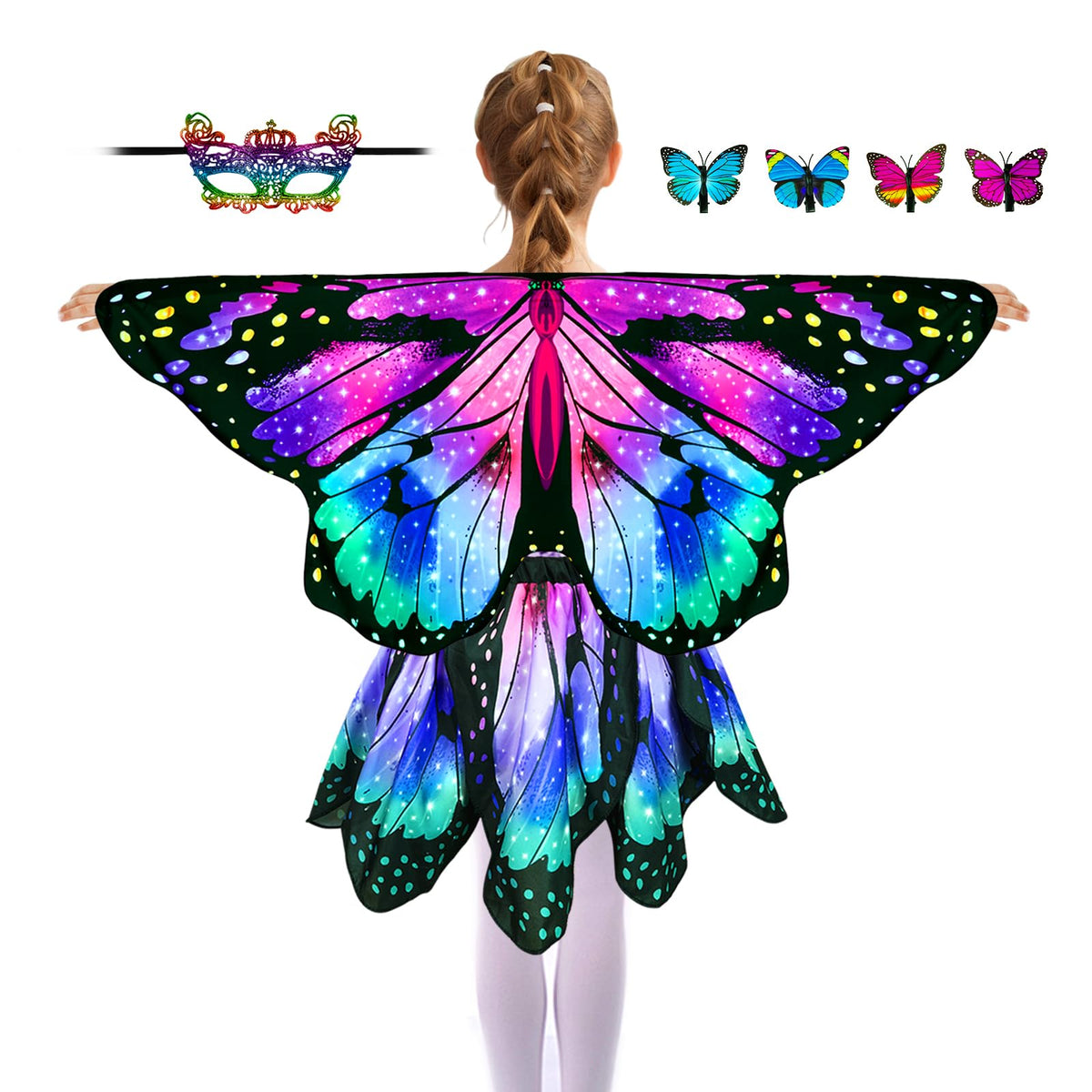 Sunlisky Kids Butterfly Costume for Girls Butterfly Wings Cape Set with Mask Hair Clips Halloween Cosplay Dress Up 4 to 9