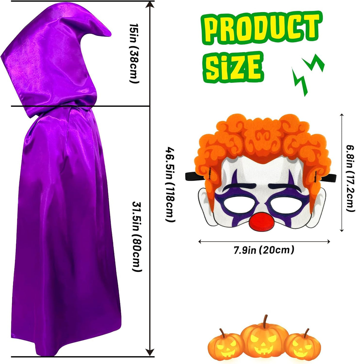 Halloween Cape Mask for Kids,Hooded Cloak,Felt Mask, Witch Clown Demon Black Cat Halloween Costumes