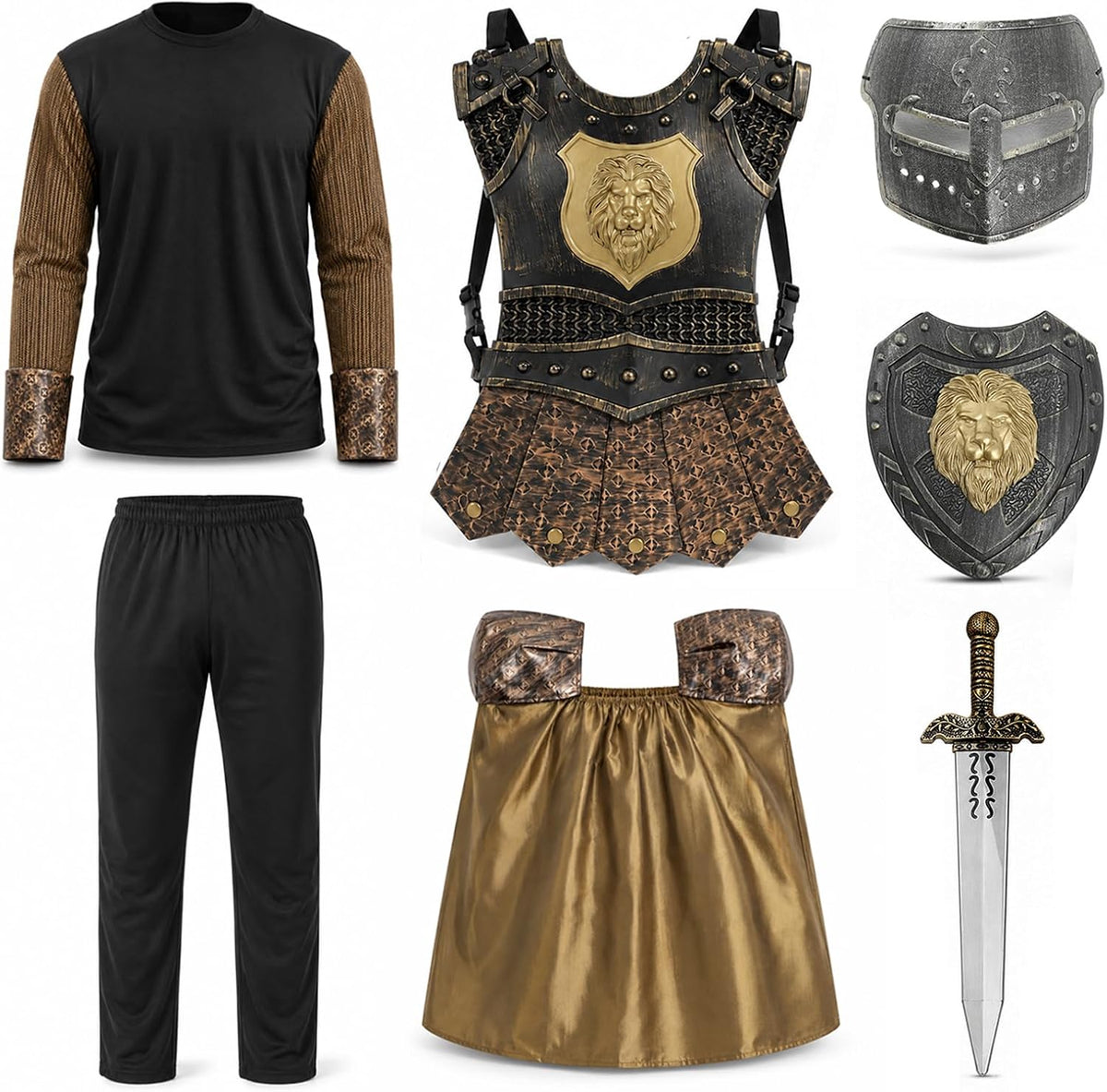 Kids Boys Knight Costume Cosplay, Gladiator Medieval Outfits with Roman Soldier Mask shield, Halloween Party Dress Up